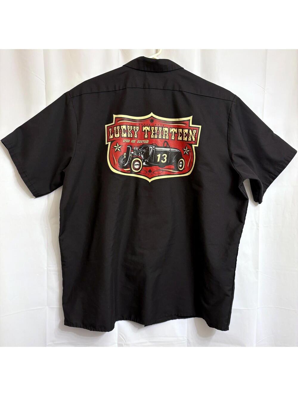 Lucky 13 Hot Rod Work Shirt Men's XXL Black Short Sleeve Button Down Red Kap